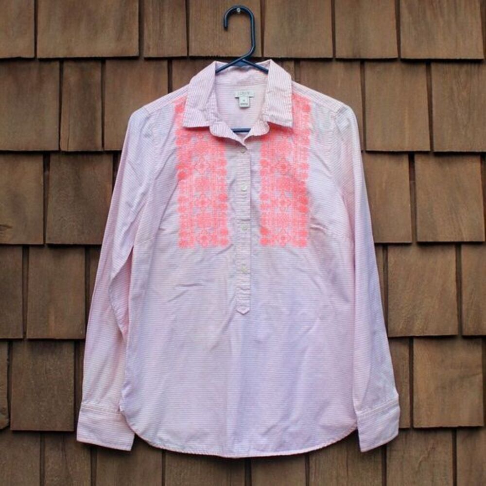 J. Crew Neon Pink White Striped‎ Embroidered Buttoned Long Sleeve Tunic Shirt - Picture 7 of 7